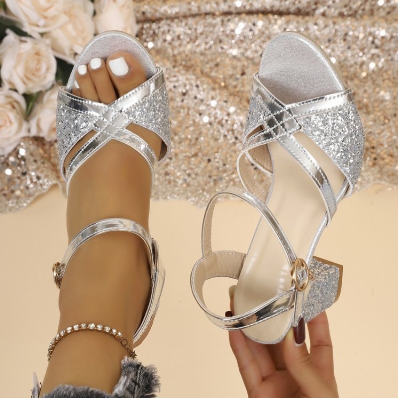 Metallic Heel Sandal - 여성 블록 힐 샌들 골드 반짝이