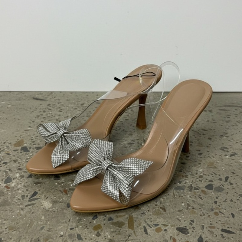 Jelly Sandal Women - 투명 PVC 라인스톤 리본 힐 여성용