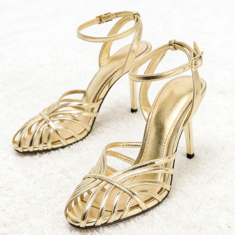 Metallic Heel Sandal - 섹시한 골드 속이 비치는 슬림 밴드