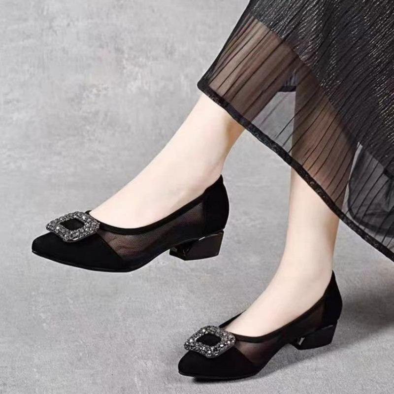 Women Shoes With Heels - 우아한 포인티드 토 메쉬 블록 힐