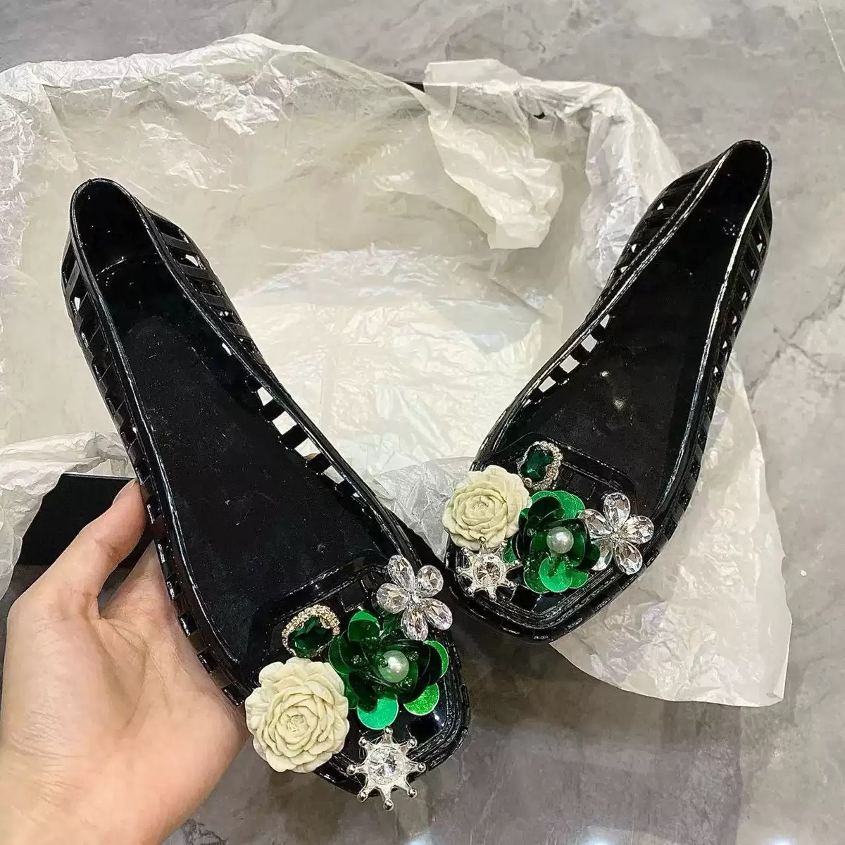 럭셔리 빅 라인스톤 플라워 스팽글 젤리 슈즈 여성 여름 - Jelly Sandal Women 리뷰 및 가격