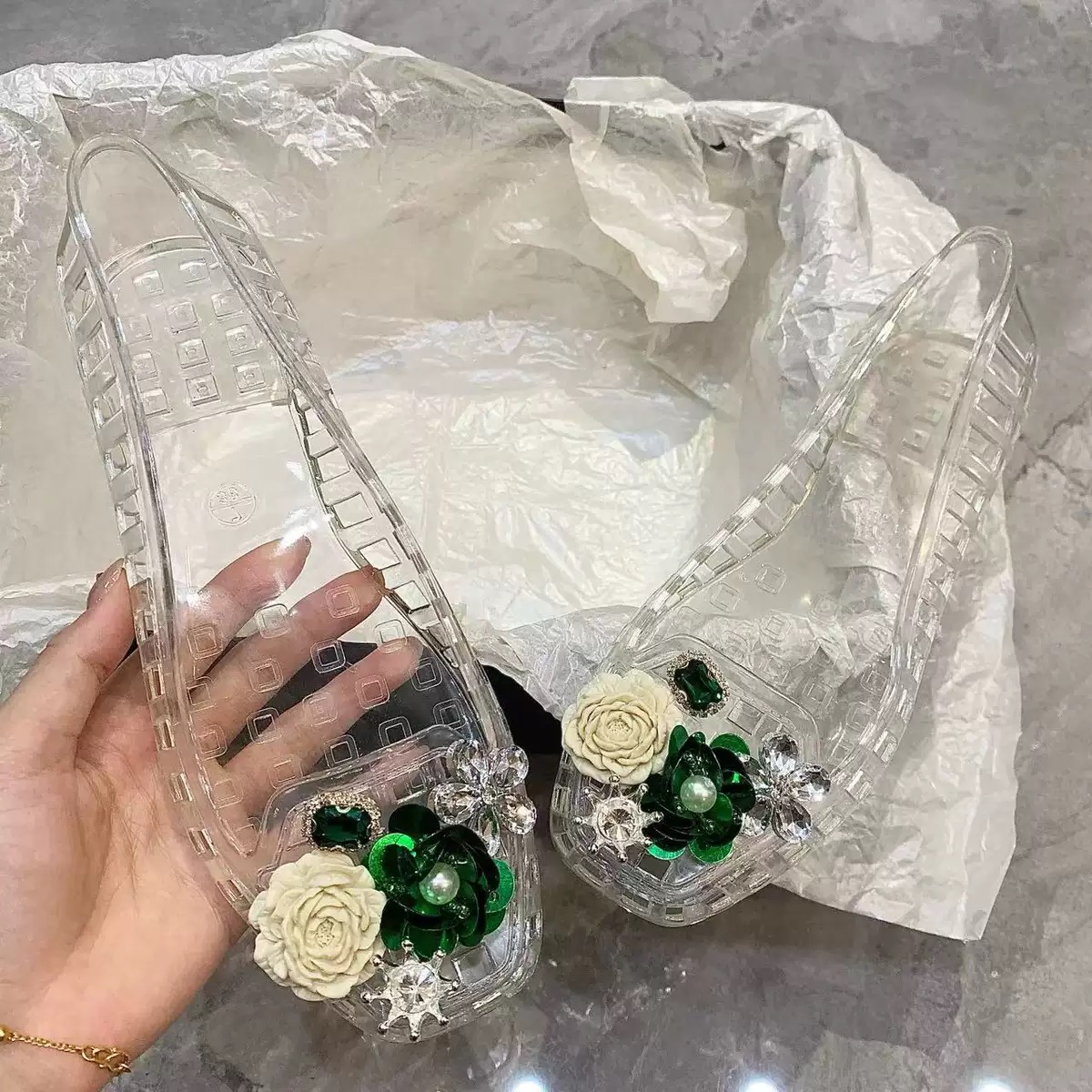 럭셔리 빅 라인스톤 플라워 스팽글 젤리 슈즈 여성 여름 - Jelly Sandal Women 리뷰 및 가격