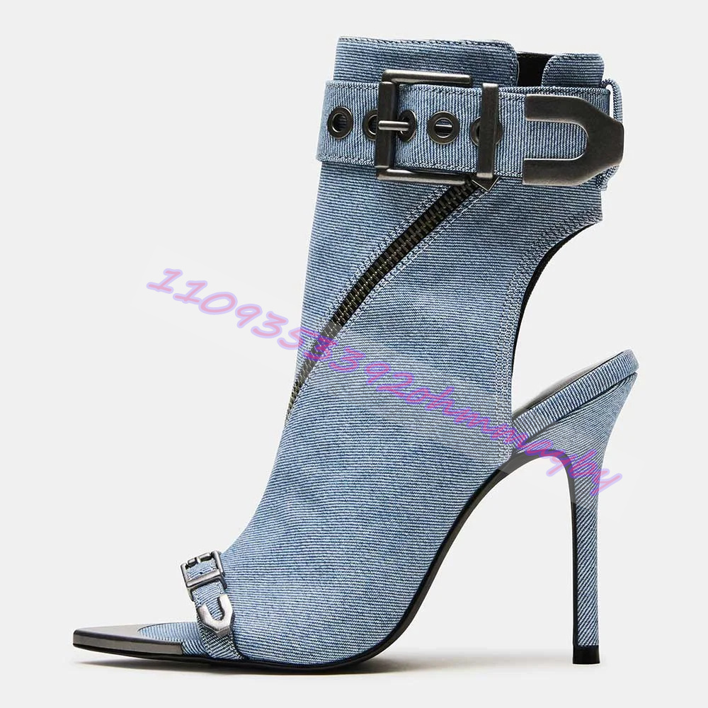 여름 블루 데님 포인티드 토 부츠 여성용 오픈 토 가죽 - Women Shoes Boots 리뷰 및 가격