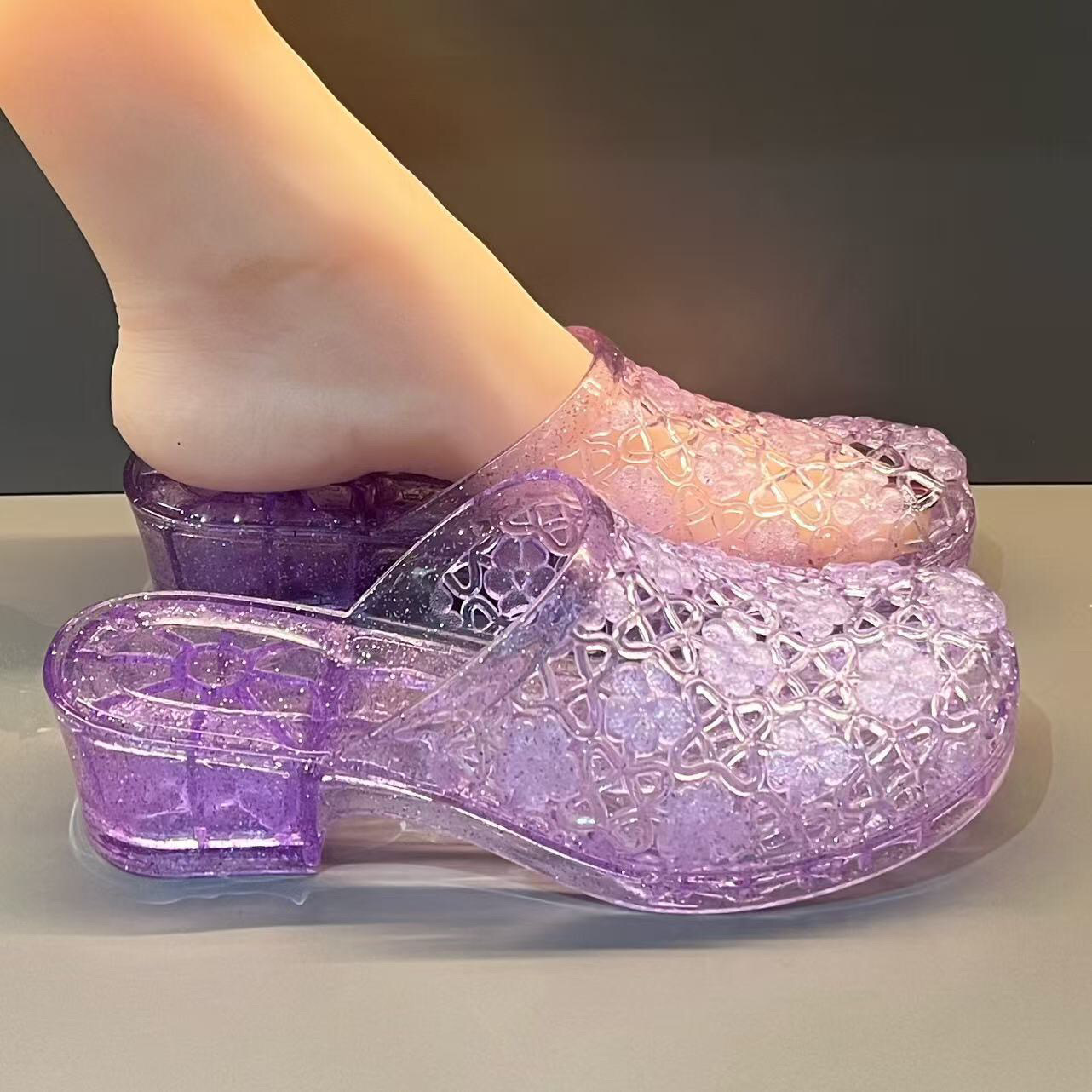 새로운 반짝이는 컷아웃 샌들 여성용 청키 힐 투명 젤리 - Jelly Sandal Women 리뷰 및 가격