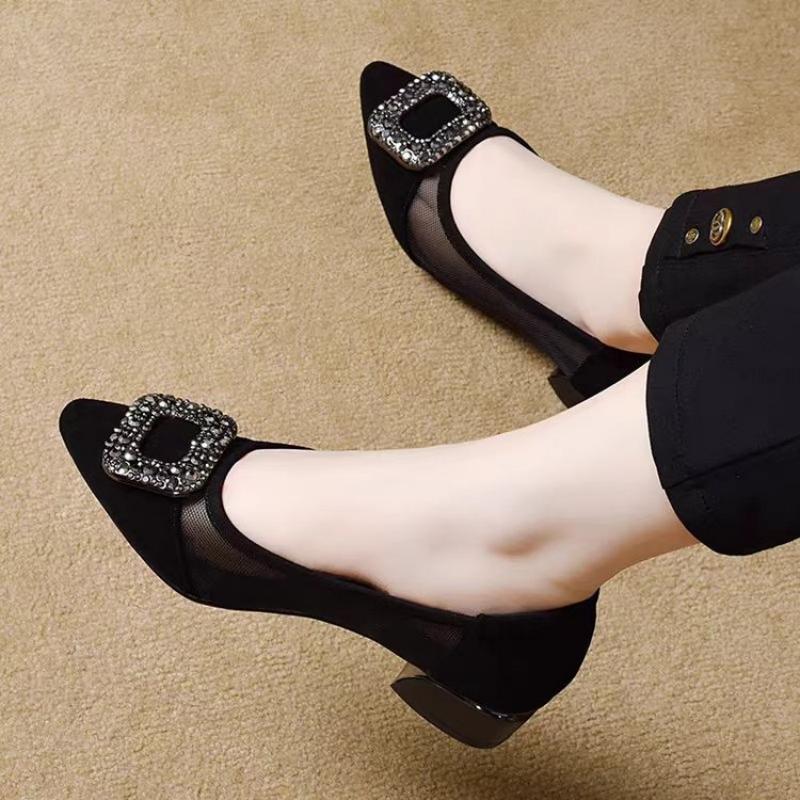 우아한 포인티드 토 메쉬 블록 힐 펌프스, 라인스톤 사 - Women Shoes With Heels 리뷰 및 가격