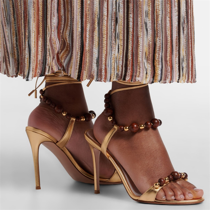 레트로 럭셔리 브라운 가죽 샌들 천연 나무 골드 비즈  - Metallic Heel Sandal 리뷰 및 가격